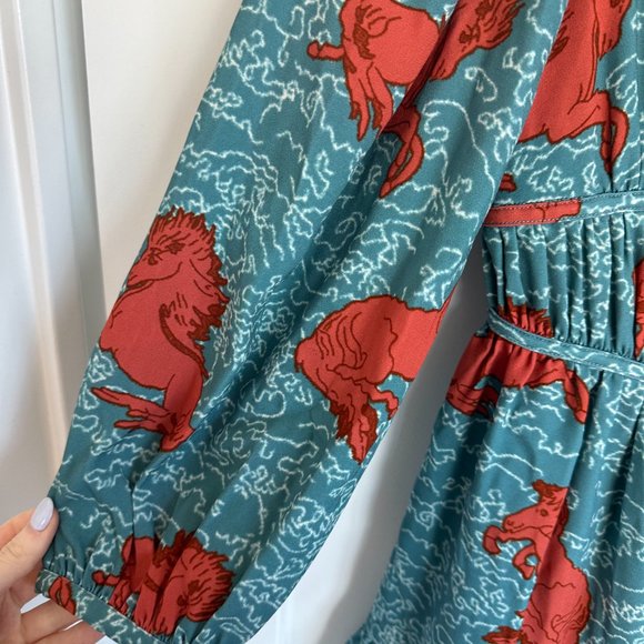 Rhode Mini Dress Velvet Plunge Neck Long Puff Sleeves Blue Horse Print Sz Small - Picture 4 of 9